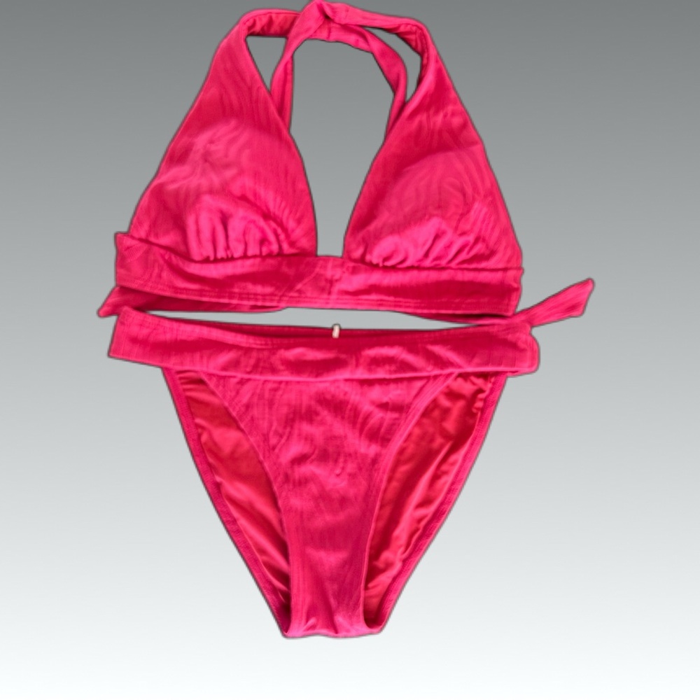 NWOT CUPSHE Ribbed Bikini 2 PC Cross Tie Top Low Waist Mid Banded Bottom Pink L